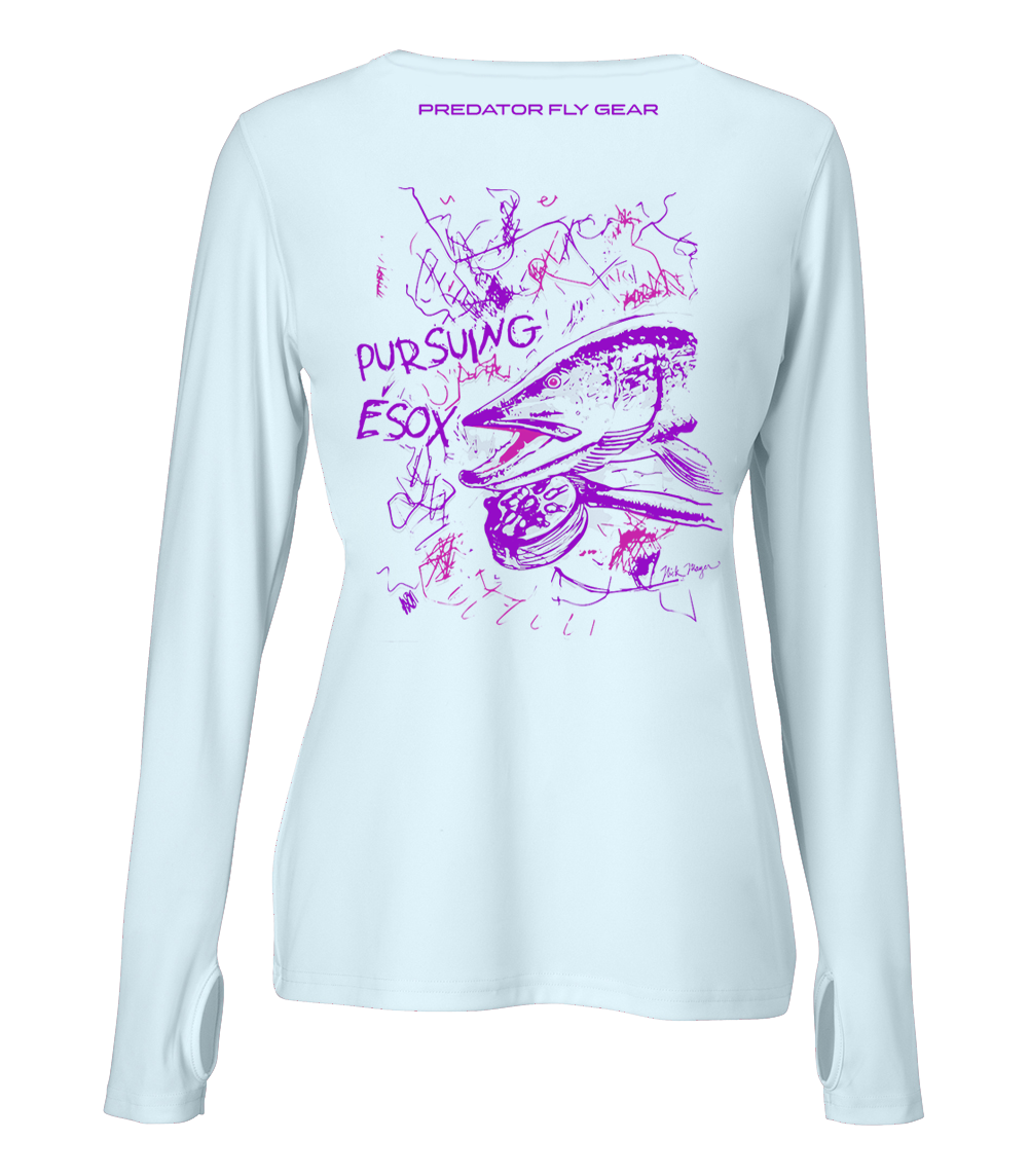 esox gear Womens PURSUING ESOX Performance Shirt, Northern Pike SM / Flats Blue